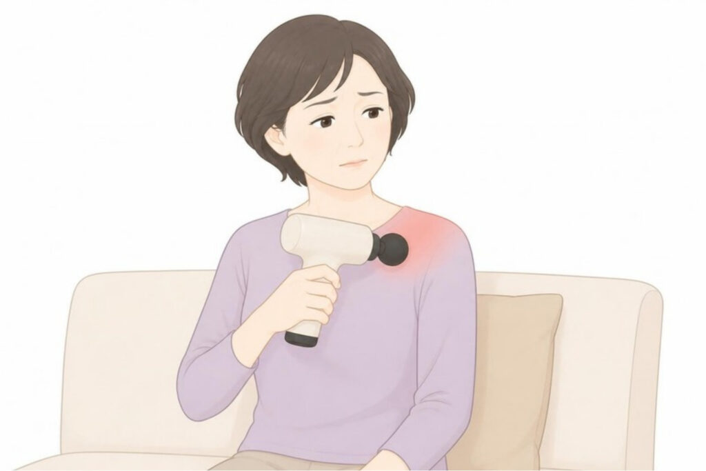 痛い肩にマッサージガンを当てている