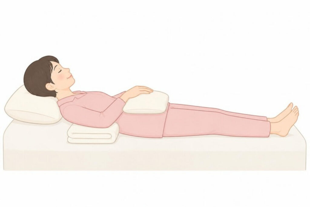 仰向けで腕の下にクッションを入れる寝方