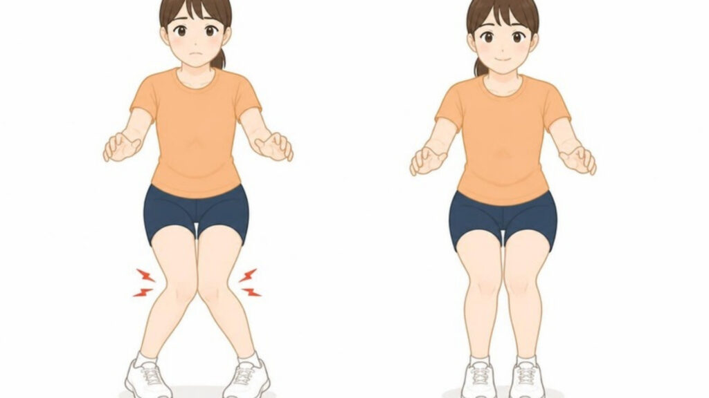 ひざが内側に入る着地と、安定した着地