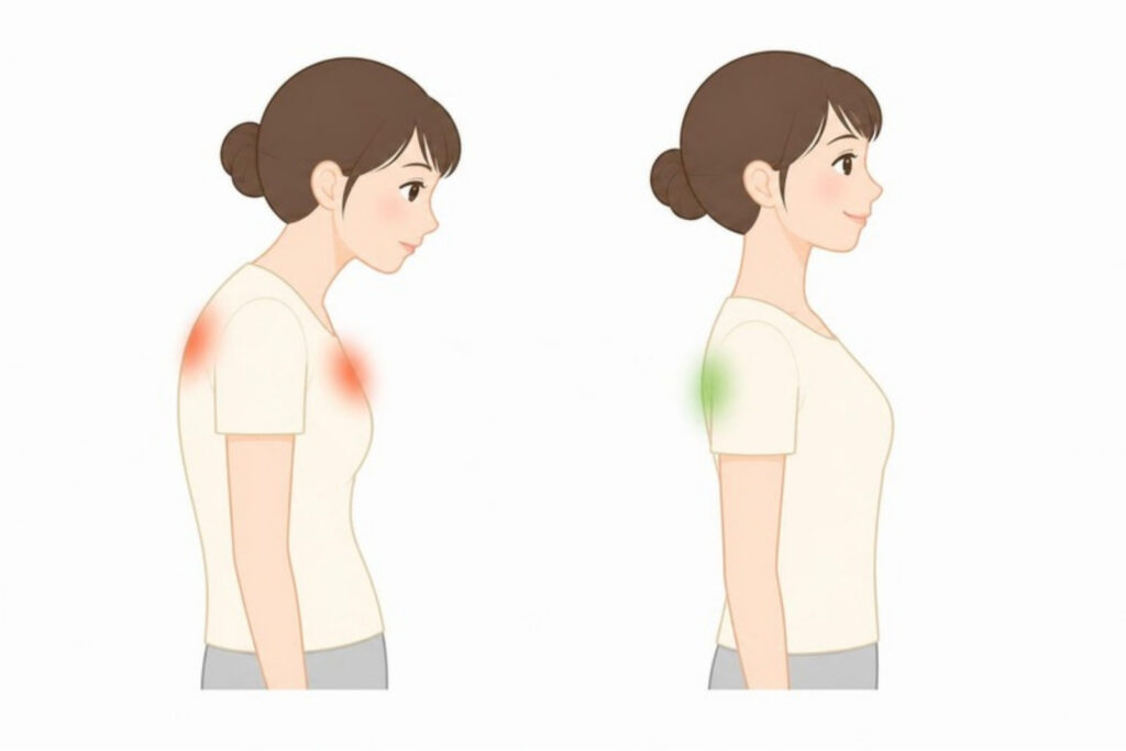 巻き肩の姿勢と、胸が開いた姿勢