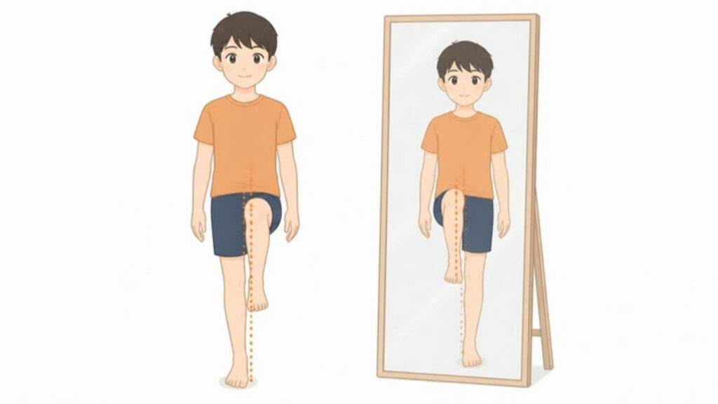 鏡の前で片足立ちをして膝をまっすぐ保つ練習