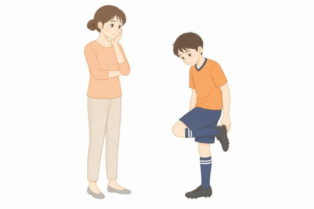 かかとを痛がる子どもと、心配する保護者