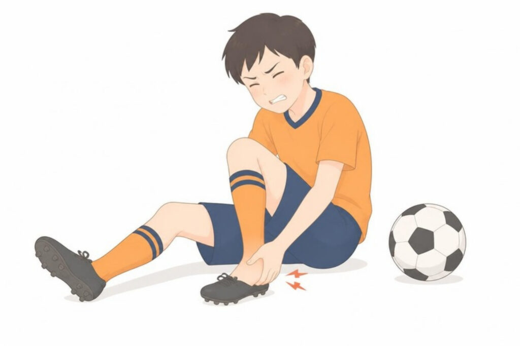 練習中にかかとを痛がるサッカー少年