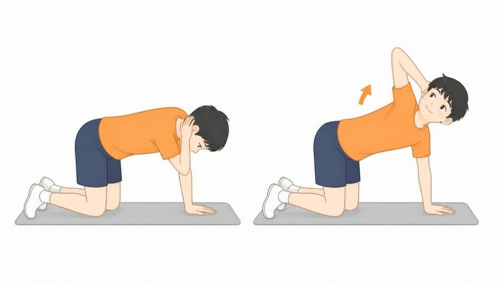 四つばいで背骨をひねる胸ひらき