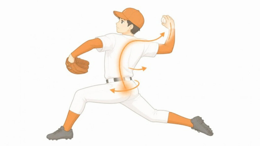 投球で股関節から背骨、腕へと伝わる回転